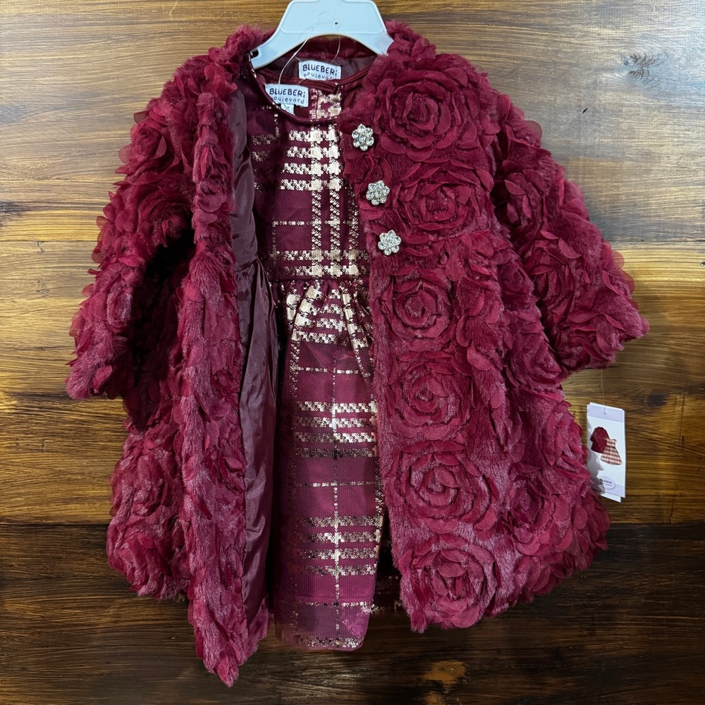 NWT BlueBeri Boulevard Rose Coat with plaid red gold dress Holiday